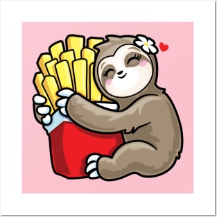 Girls Kawaii Sloth Hugging French Fries Potato Love Posters and Art